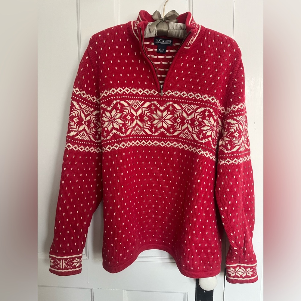 Lands' End Cotton Nordic Design 1/4 Zip Size L Sweater